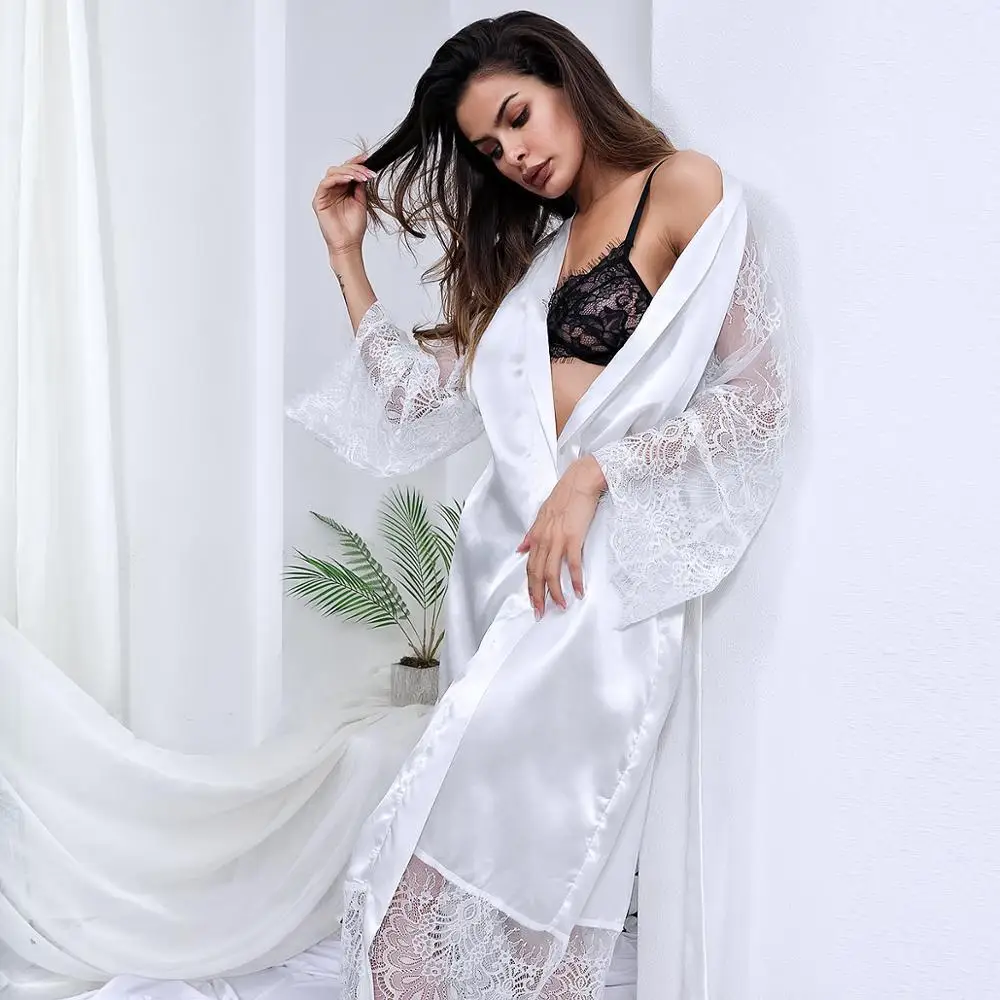 Satin Big Size Lace Bathrobe Pyjamas Women Sexy Sleepwear With Belt