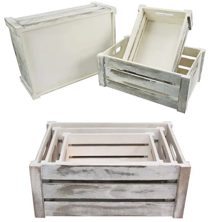 Rustic White Set of 3 Distressed Decorative Wood Crates Storage Container wooden box