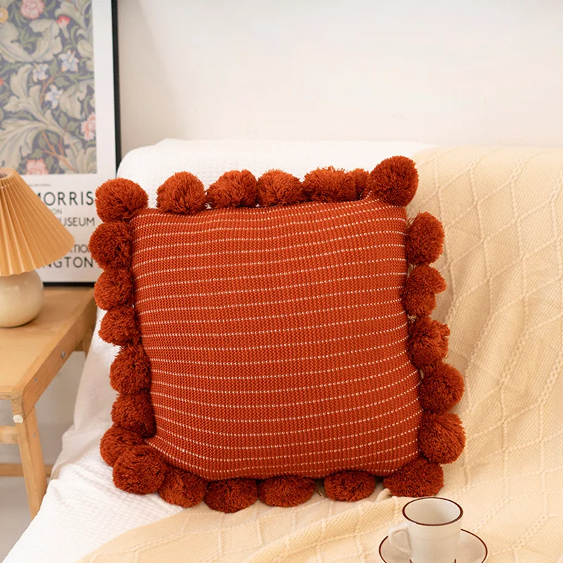 Cushion Cover Decoration Pompom Throw Pillowcase Chunky Knitted Throw Pillow Case Ball Tufted Cushion Cover with Tassels