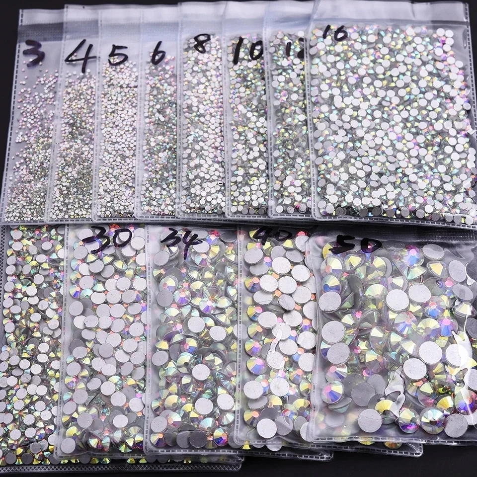 1440pcs AB/Clear Super Glitter Rhinestone ss3-ss16 Flat-Back Non HotFix 3D Glass Nail Art DIY Round Crystal Manicure Diamond