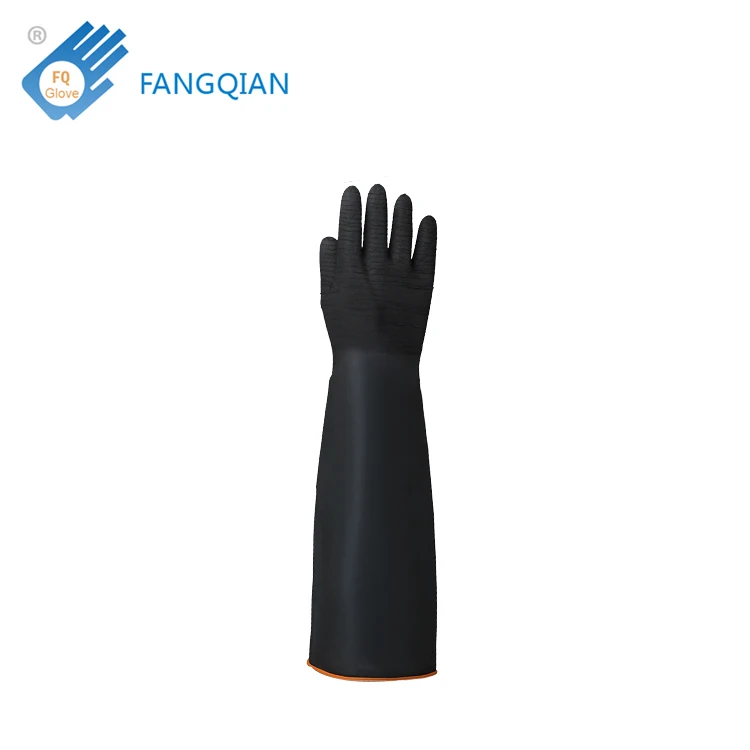 FQGLOVE manufacturing 35/45/58cm rough palm black industrial chemical latex glove heavy duty latex gloves