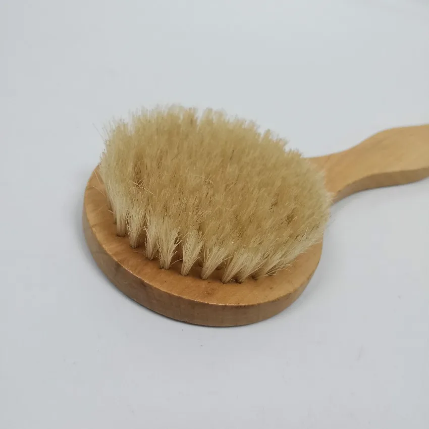 Natural wood pig bristle round head shower body bath brush with middle handle