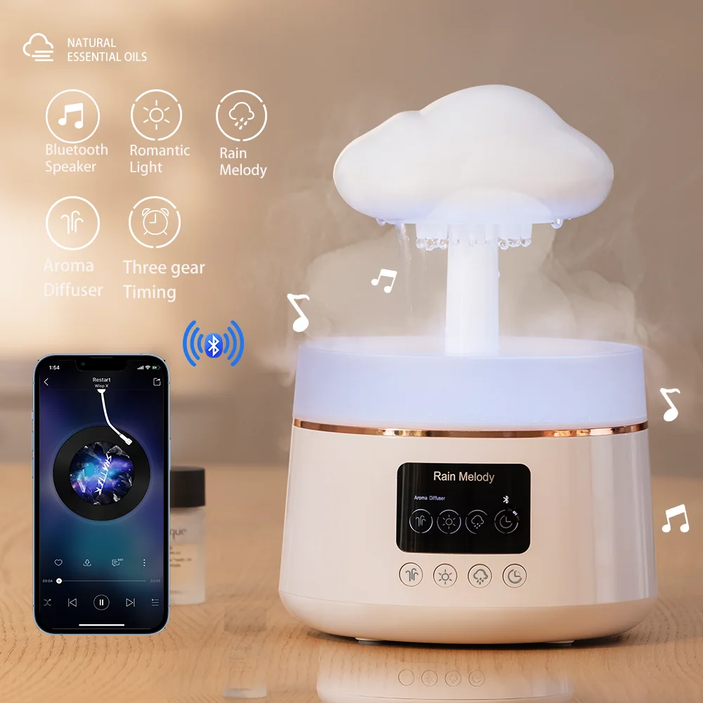 Bedroom table lamp OEM remote water drip mushroom raining cloud h2o air humidifier with smart speaker