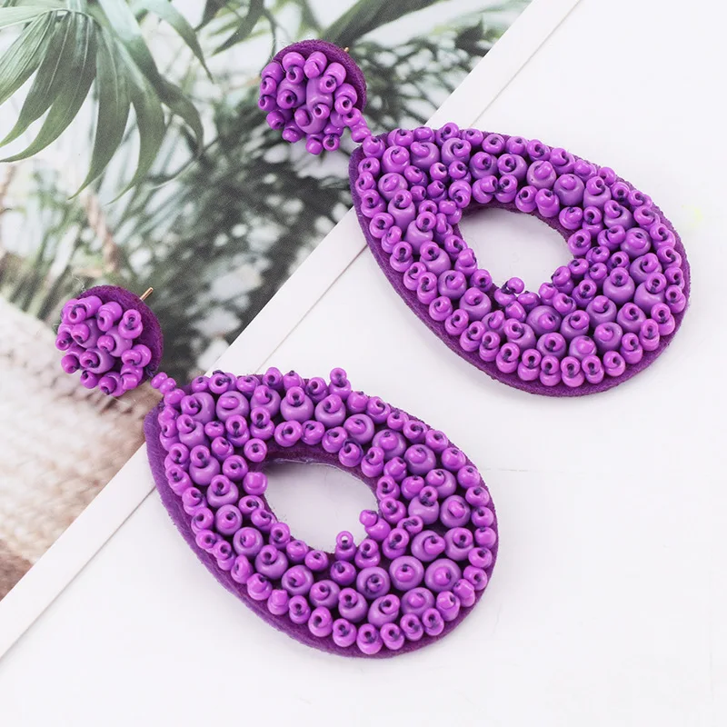 Statement Ethnic Bohemian Single Side Seed Rice Beads Geometric Oval Long Drop Earring for Women Handmade Fashion Jewelry