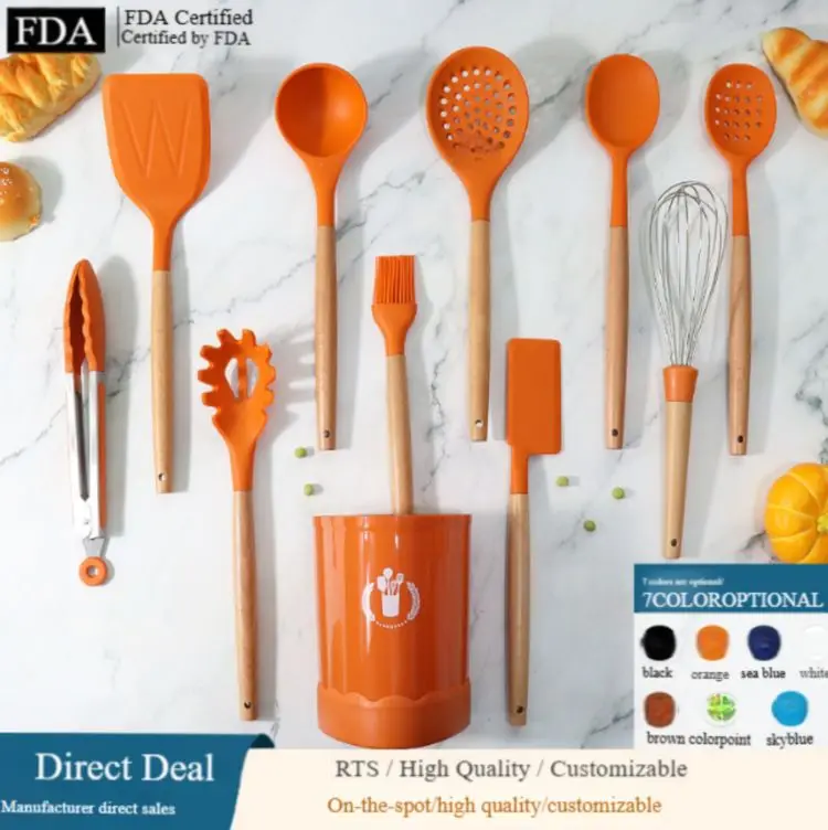 Wholesale Silicone Cookware Kitchen Tools Set with Stainless Steel Spatula Spoon and Wood Handle Utensils Includes Grater Stand