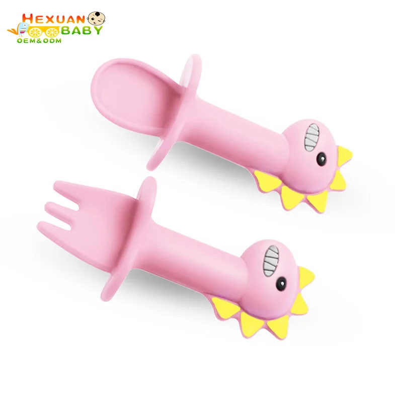 BPA Free Food Grade Dinosaur Animal Fork Spoon Feeding Silicon Plate Baby Set