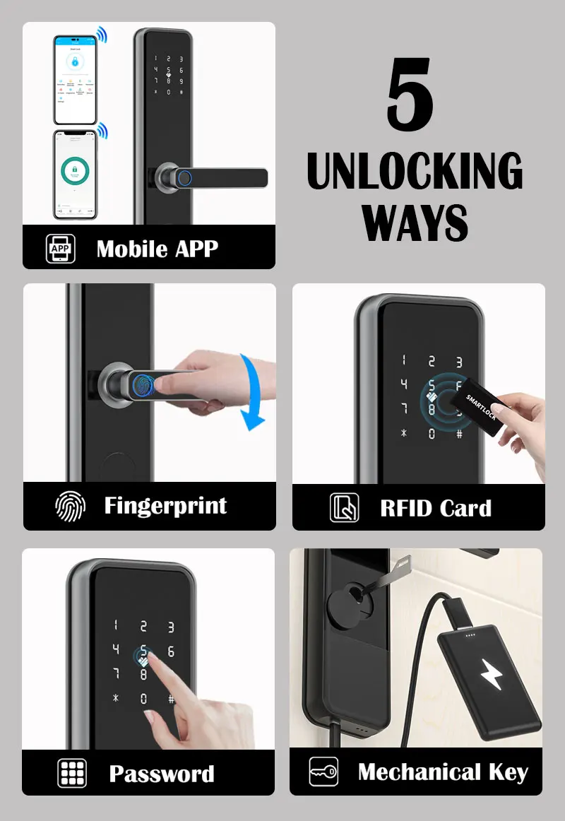TTlock or Tuya Wifi Mobile Phones APP Control Smart Lock Digital Keypad NFC Key Card Biometric Fingerprint Door Lock