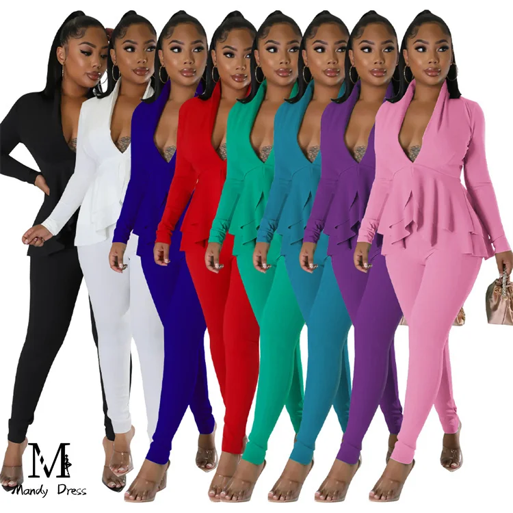 Boutique Office Outfits Ladies Suit 2 Piece Set Plus Size Ruffled Streetwear Winter Women Two Piece Pants Sets