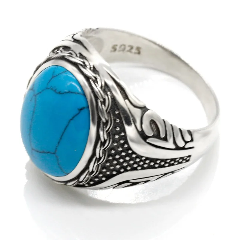 Wholesale S925 Silver Blue Turquoise Stone Rings for Men Turkish Jewelry
