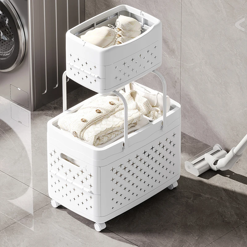 New multifunctional bathroom organizer storage trolley folding laundry basket foldable plastic storage basket with wheels