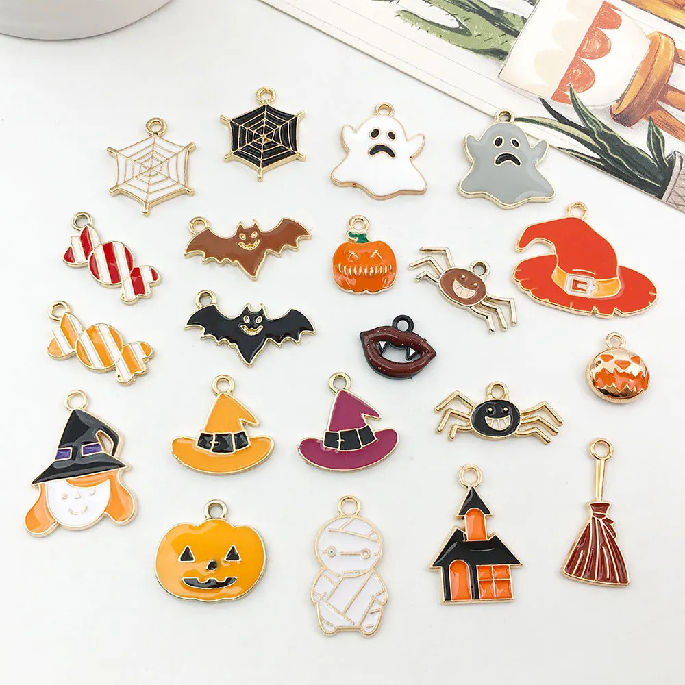 Halloween Metal Bezel DIY Alloy Halloween Enamel Frame Accessories Jack-o-lantern Devil Hat Earring Pendant Mixed 21 Styles
