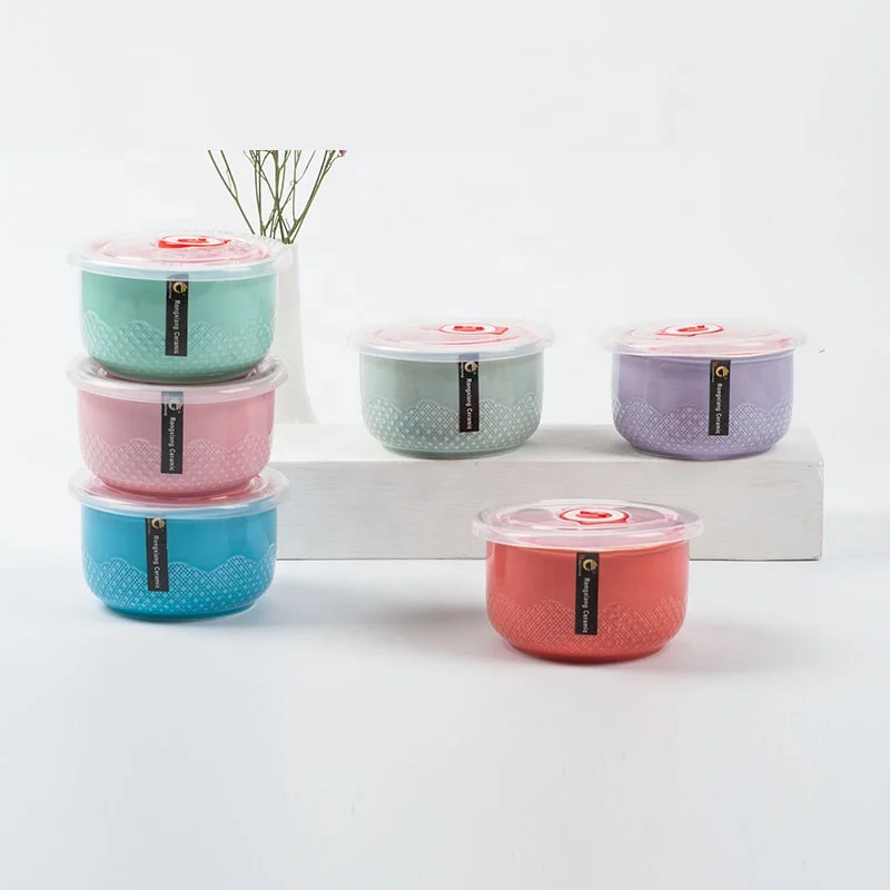 
Hot sale color glaze embossed porcelain airtight leakproof serving dinnerware ceramic bowl set Preserving bowl with lid 