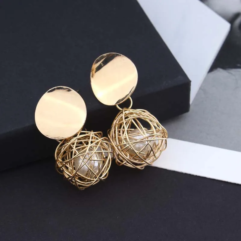 Fashion Retro Geometric Simple Woven Ball Pearl Stud Earrings Metal Women Jewelry Wholesale