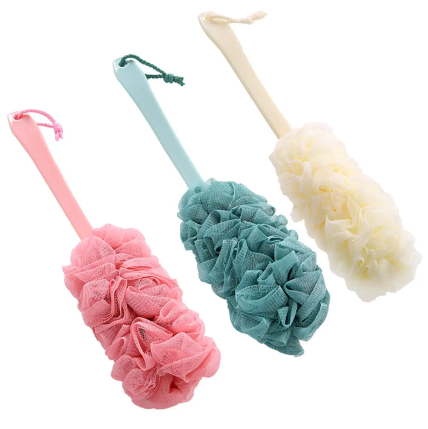 H859 Custom Wholesale Washing Back Soft Mesh Sponges Stick Puff Multi Color Foaming Long Handle Bath Sponge
