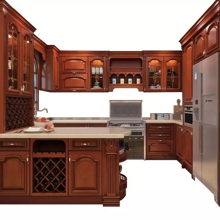 American classic shaker style red cherry design solid wood kitchen cabinets cheap