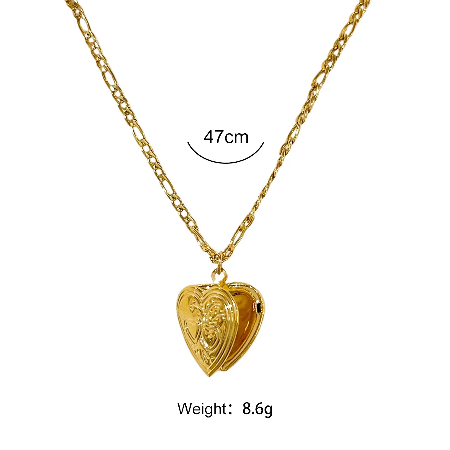 Love Heart Locket Charm Thick Chain Necklace Women Retro Stainless Steel 18K Gold Plated Engraved Photo Locket Pendant Jewellery