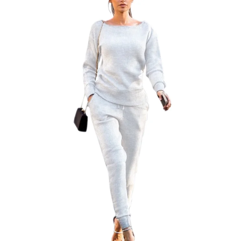 Ajustado Mujer Traje De Punto Chandal Cuello Redondo Manga Larga Senoras Trajes Track Suit Sport Casual Long Sleeve Sets