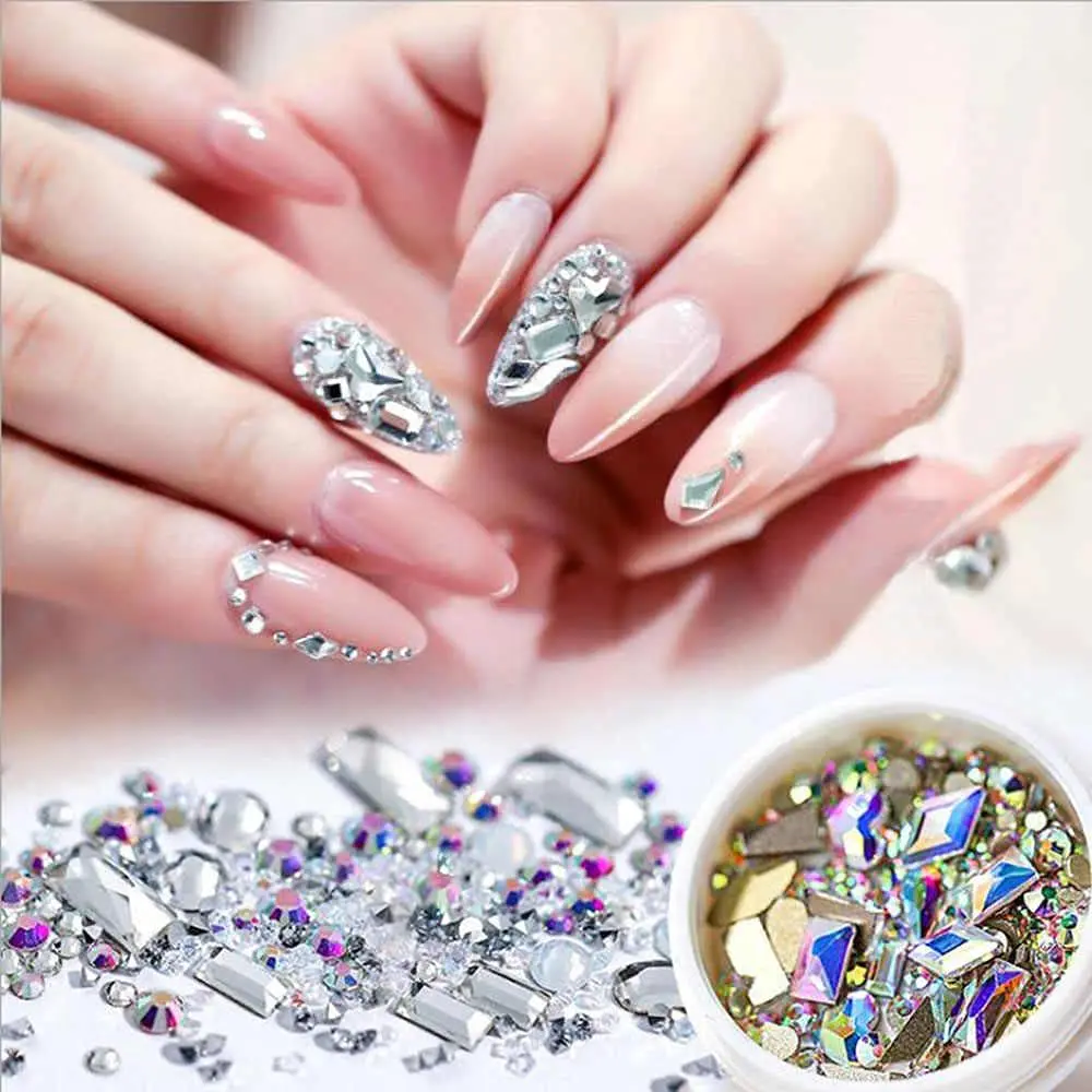 
150 pcs Crystal Nail Art Set Rhinestones Nail Iridescent Clear Class Multi-Shape Flat Back Shiny Jewels for Art DIY Crafts 