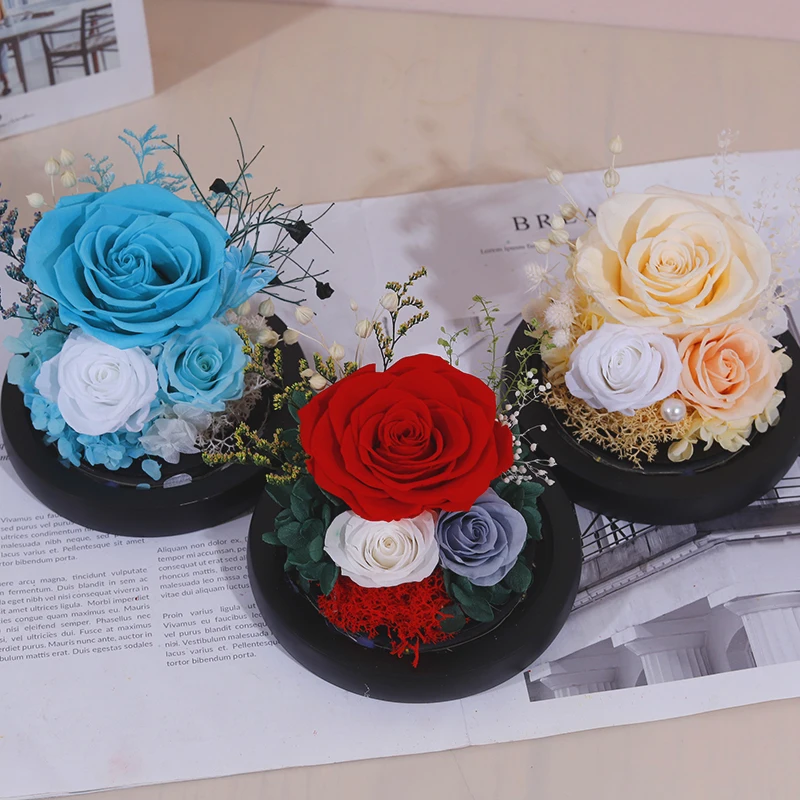New Popular Design Eternal Flowers Preserved Rose Glass Eternal Roses Flower In Glass Dome
