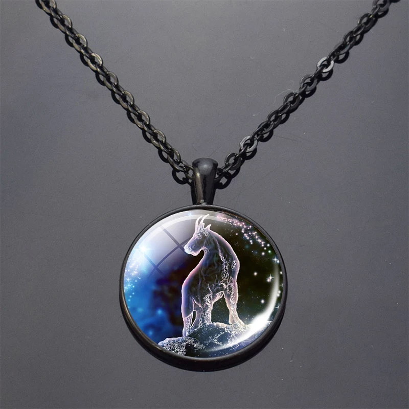 12 Constellations Black Pendant 12 Zodiac Signs Aries Leo Libra Gemini Taurus Scorpio Glass Cabochon Necklace for Birthday Gifts