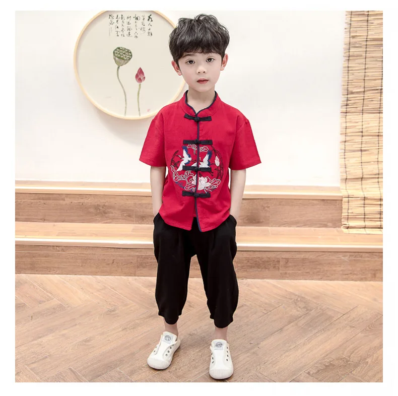 Children ancient Tang suit summer new Chinese style Shuanghe lotus embroidery frog button short sleeve Tang suit