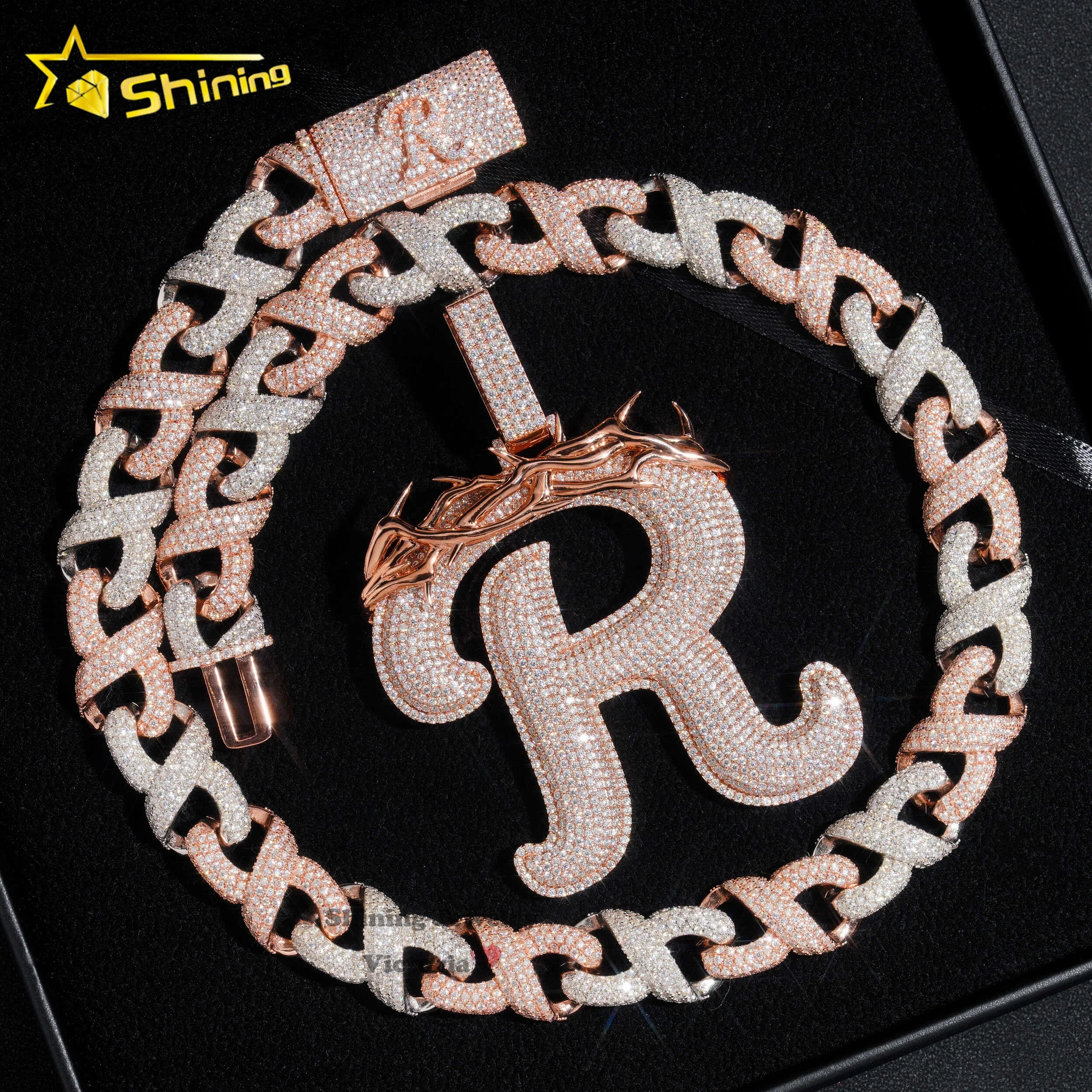 Custom Letter Lock 15mm Rose Gold Cuban Chain Silver 925 Pendant Necklace VVS Moissanite Diamond Cuban Link Chain