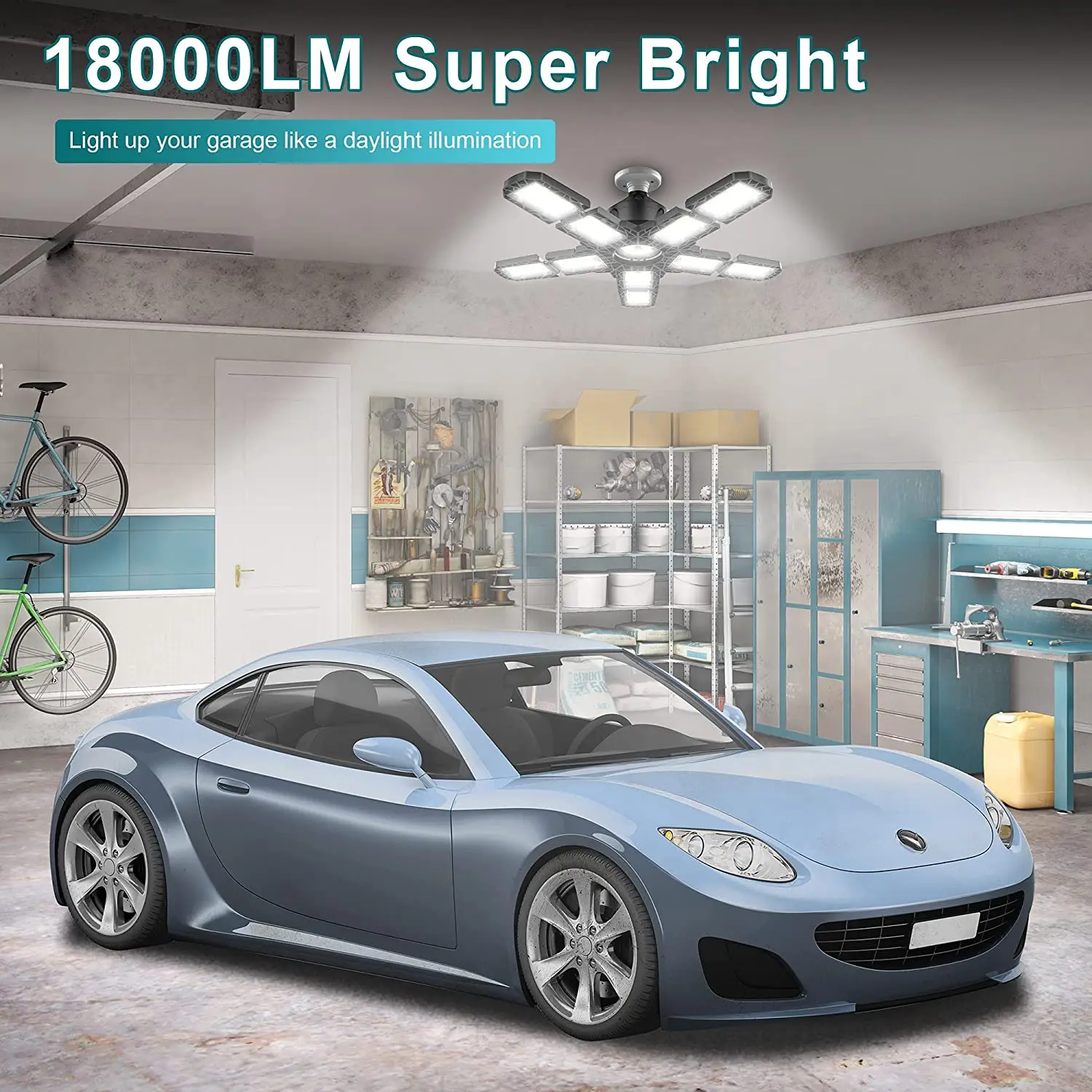 lumiere de garage ler 8000lumen,shop light 8 feet led fixture,5 panel deformable ufo led garage light 6500 lm 4 adjustable