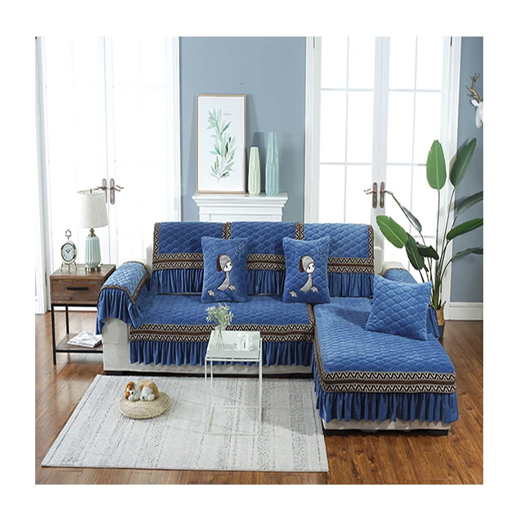 Hot Selling Luxury Good Price Geometric Polyester Sofa Cover Design L Shaped Chenille Blue Sectional Sofa Cover