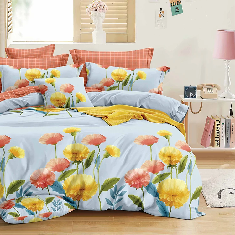 Hot sale home textile cheap price soft comfortable 100% polyester bedding sheets sets with curtains quilt flat sheet pillowcase