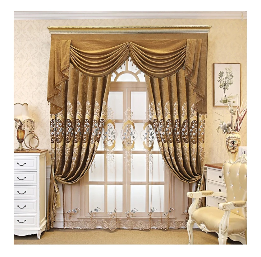 wholesale high quality embroidery Fabric blackout Luxury Living Room Curtain with valance