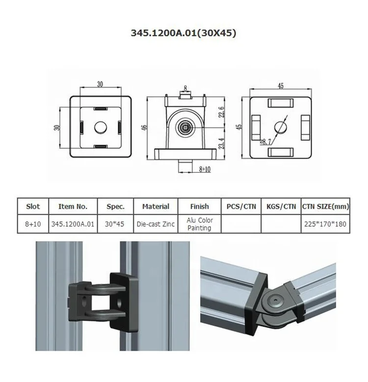 345.1200A.01 Hot! new designed both slot 8 and 10 beautiful aluminium color painting 30*45 pivot joint