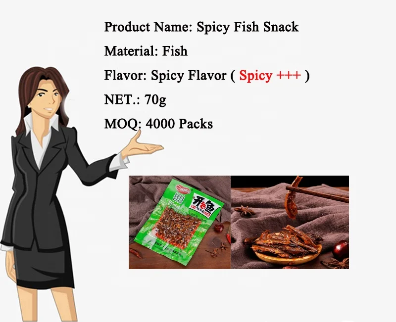 
hot selling food ready packed leisure seafood fish snacks with logo 