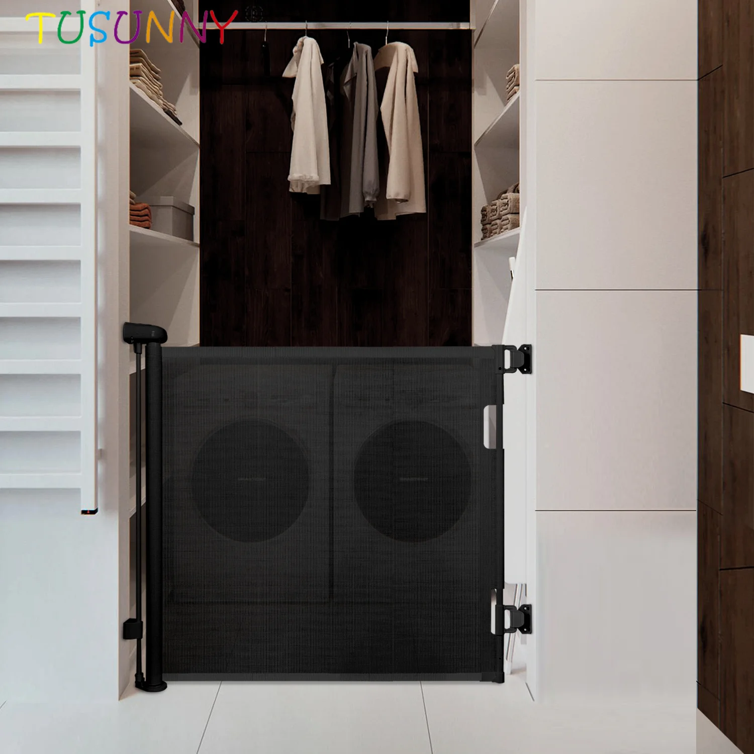 Retractable Baby Gate, Extra Wide Safety Kids or Pets Gate, 34 Tall, Extends to 55 Wide, Mesh Safety Dog Gate