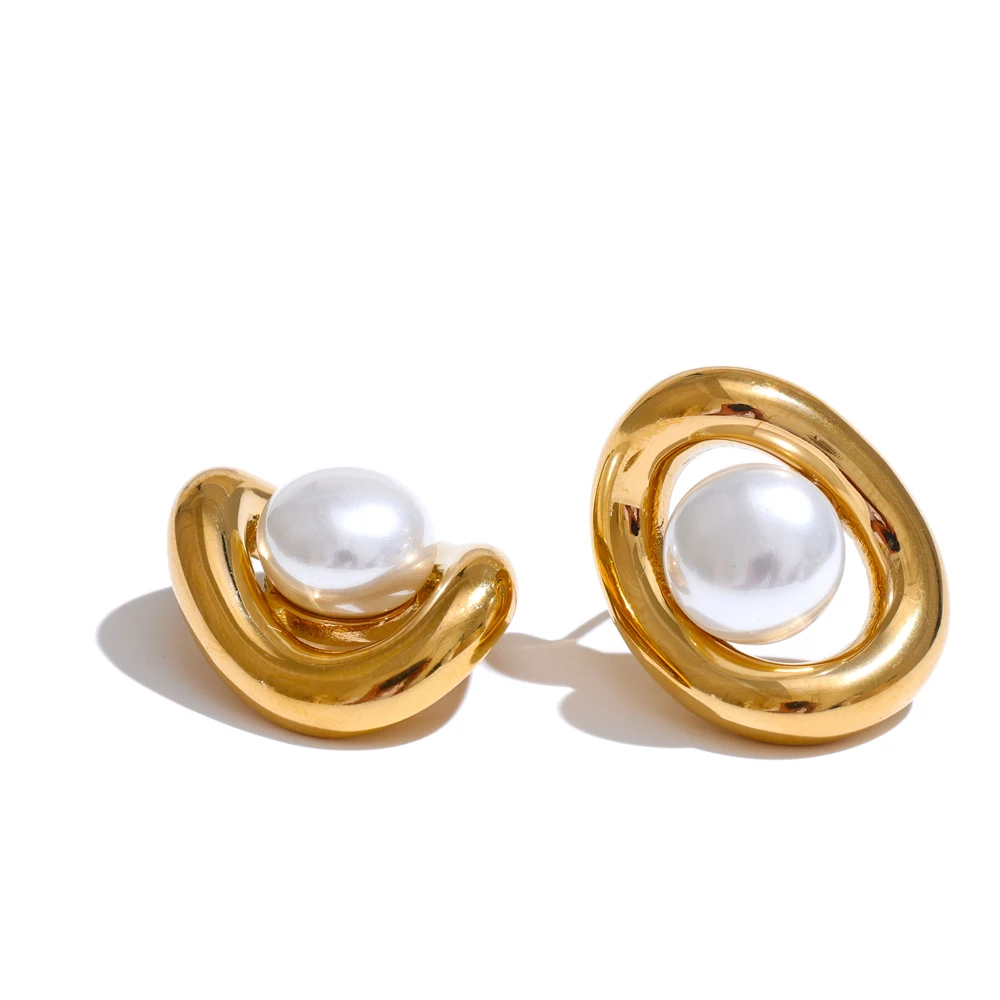 JINYOU 4623 Fashion Design Toroidal Simulated Pearl Ear Studs PVD Exquisite Stainless Steel Stud Earrings for Women Jewelry
