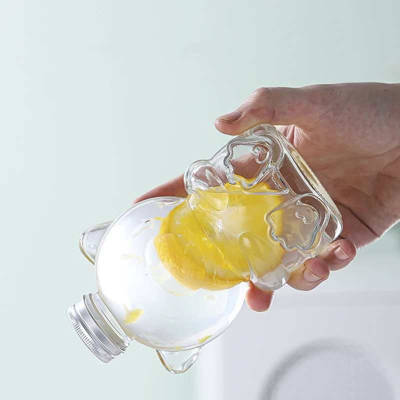 500ml Cute Bear Water Bottle Glass with Screw Lid and Straw