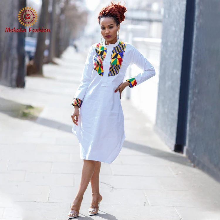 New Design African Shirt Dress Ankara Long Sleeve Middle Length Shirt Dress African Batik Stand Collar Long Dress