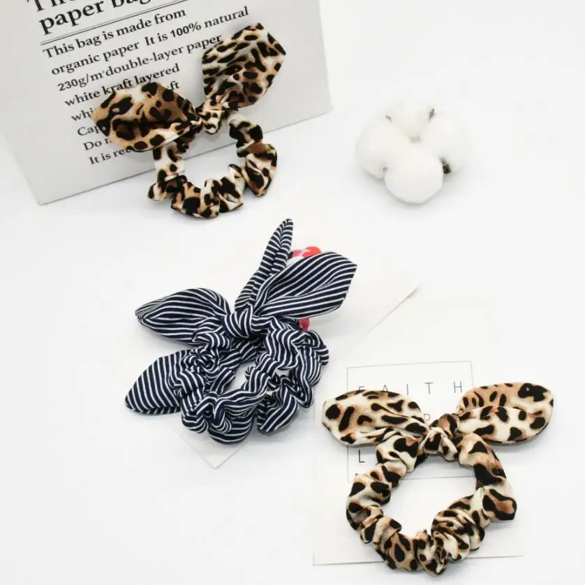 Женские полосатые резинки для волос, милые эластичные резинки для волос в полоску с животным принтом, леопардовые резинки с ушками