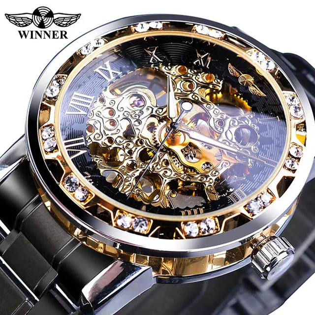Winner New Transparent Diamond Mechanical Watch Stainless Steel Skeleton Watch Top Brand Luxury Business Luminous Male Clock