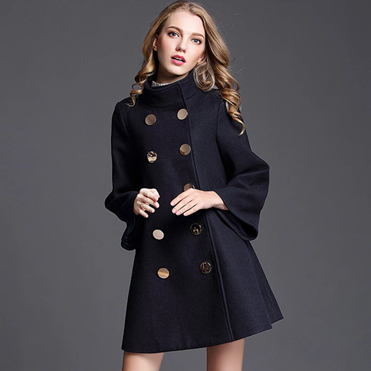 Lightly cooked style loose stand-up collar nine-point sleeves diagonal pockets double-breasted A-line skirt cloak woolen jacket