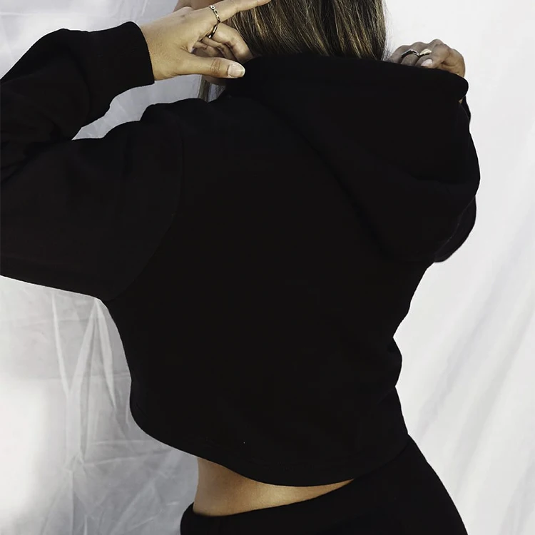 Оптовая продажа индивидуальный осенний укороченный топ толстовка хлопковый мешковатый с открытыми плечами черный женский Топ длинным рукавом укороченные толстовки