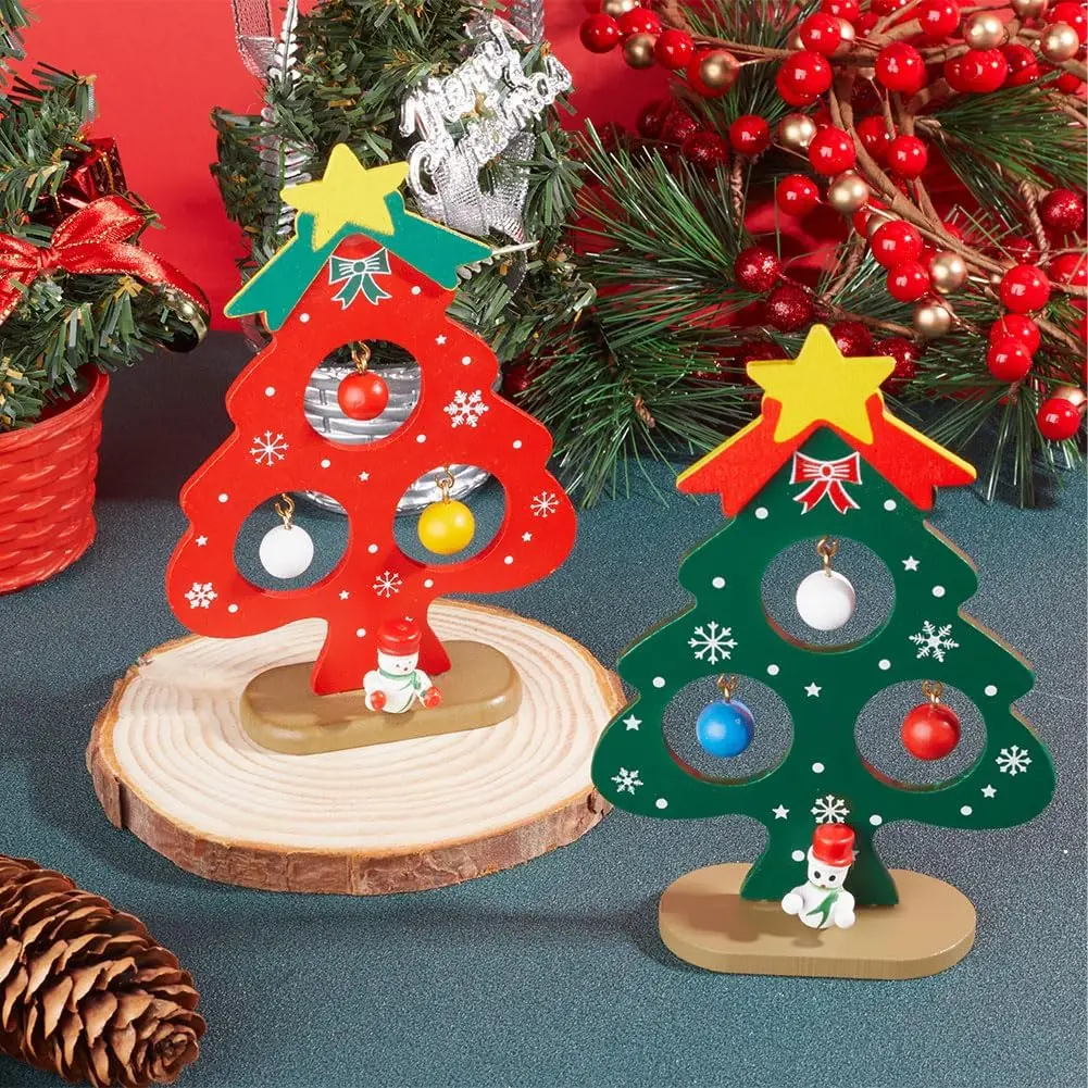Funny Desktop Wooden Christmas Tree Decor Christmas Toy Set with Mini Ornaments