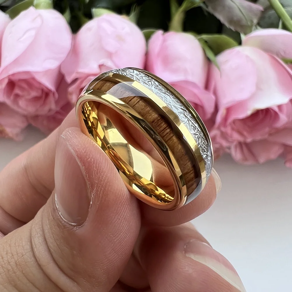 Coolstyle Jewelry 8mm Wholesale Koa Wood Meteorite Inlay Rose Gold Tungsten Ring for Men Women Fashion Engagement Wedding Band
