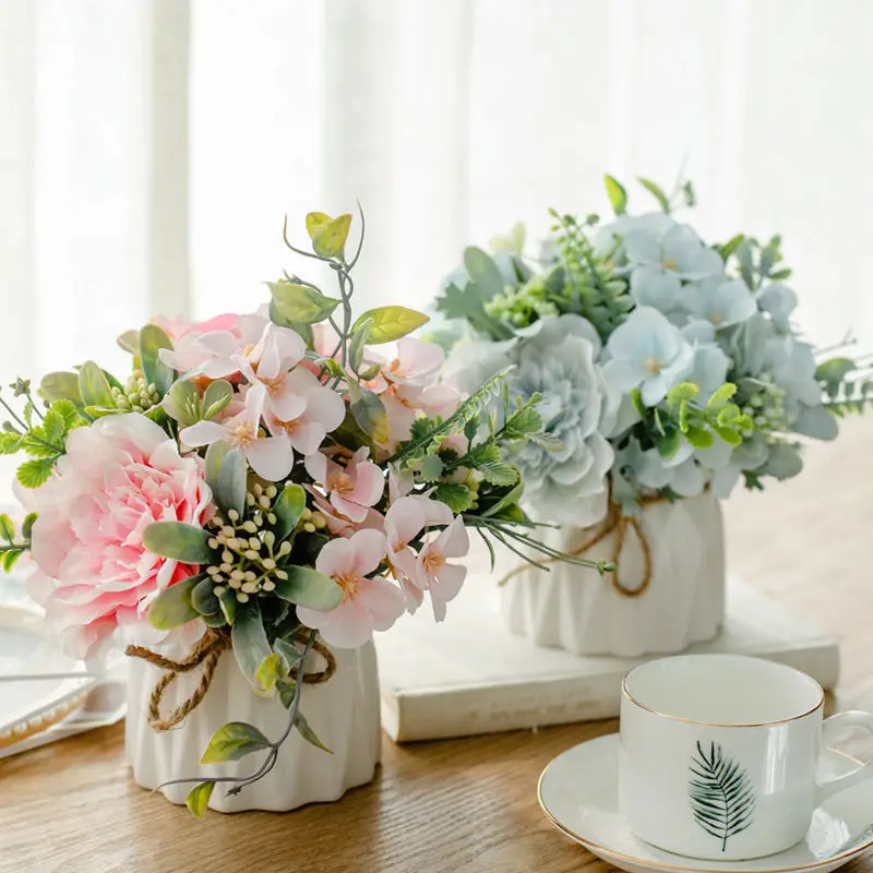 Factory Custom Short Branch Camellia Hydrangea Bouquet Simulation Silk Artificial Flowers Wedding Table Bride Decoration