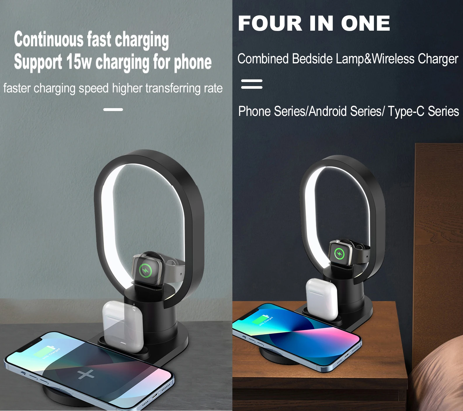 15W Bedside Lamp 4 in 1 Wireless Chargers Desk 2022 Wholesale Customized Lamp Wireless Charger Stand