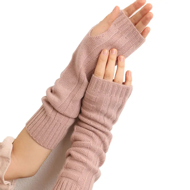 Custom design logo knitted cashmere winter long arm warmer ladies fashion mittens cute knit thermal fingerless gloves for women