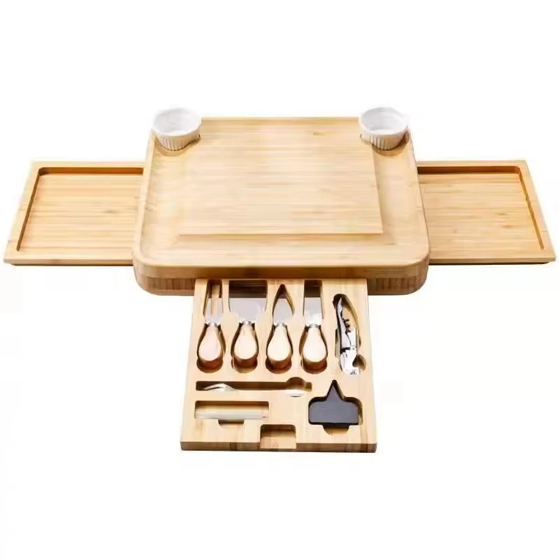 Simple Bamboo Cheese and Meat Board with Cutting Knives Drawer for Serving Charcuterie Board and Utensils Tray
