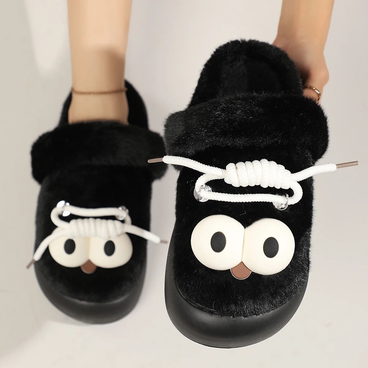 Ladies Lovely Big Eyes Shoes New Thick Bottom Cotton Slippers Warm Plush Winter Height EVA Cute Cartoon Home Boot