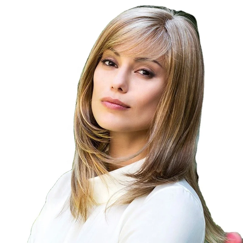 Wholesale heat resistant synthetic hair long  straight blonde wigs with side-part bangs synthetic hair wigs for women