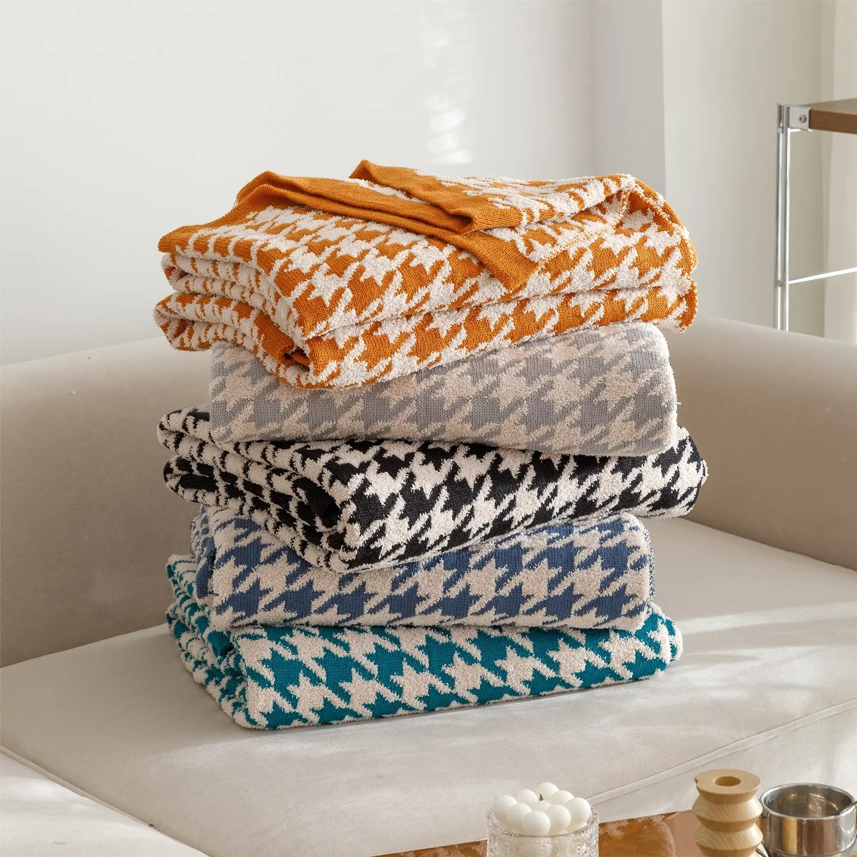 Houndstooth Plaid 50% Polyester 50% Acrylic Decorative Knit Throw Blankets