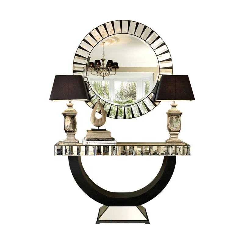 Quickly Deliver Five Star Crystal Mirrored Console Table  And  Rose Gold Sunbust Round Mirror